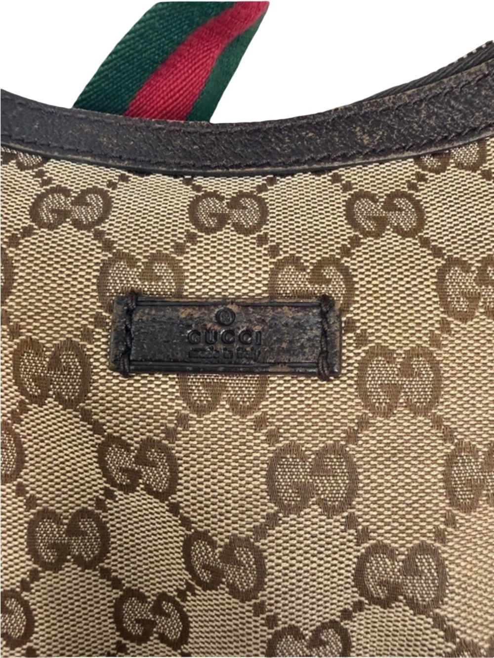 🔥 Authentic Gucci Beige GG Canvas Hobo Bag with Green-Red Web strap half moon - Picture 12 of 16